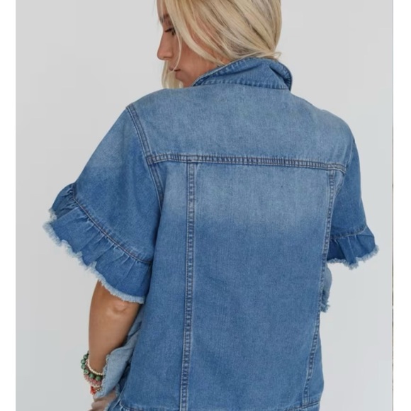 Three Bird Nest Scottie Ruffled Denim Jacket size S/M light blue denim - Picture 9 of 11